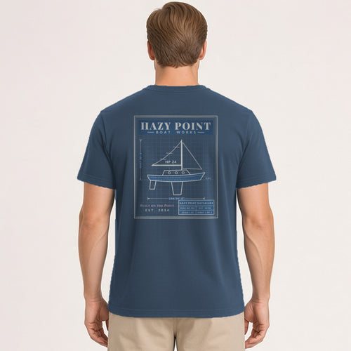 Boat Works Tee in Midnight, blueprint daysailer back print, illustrative AI model