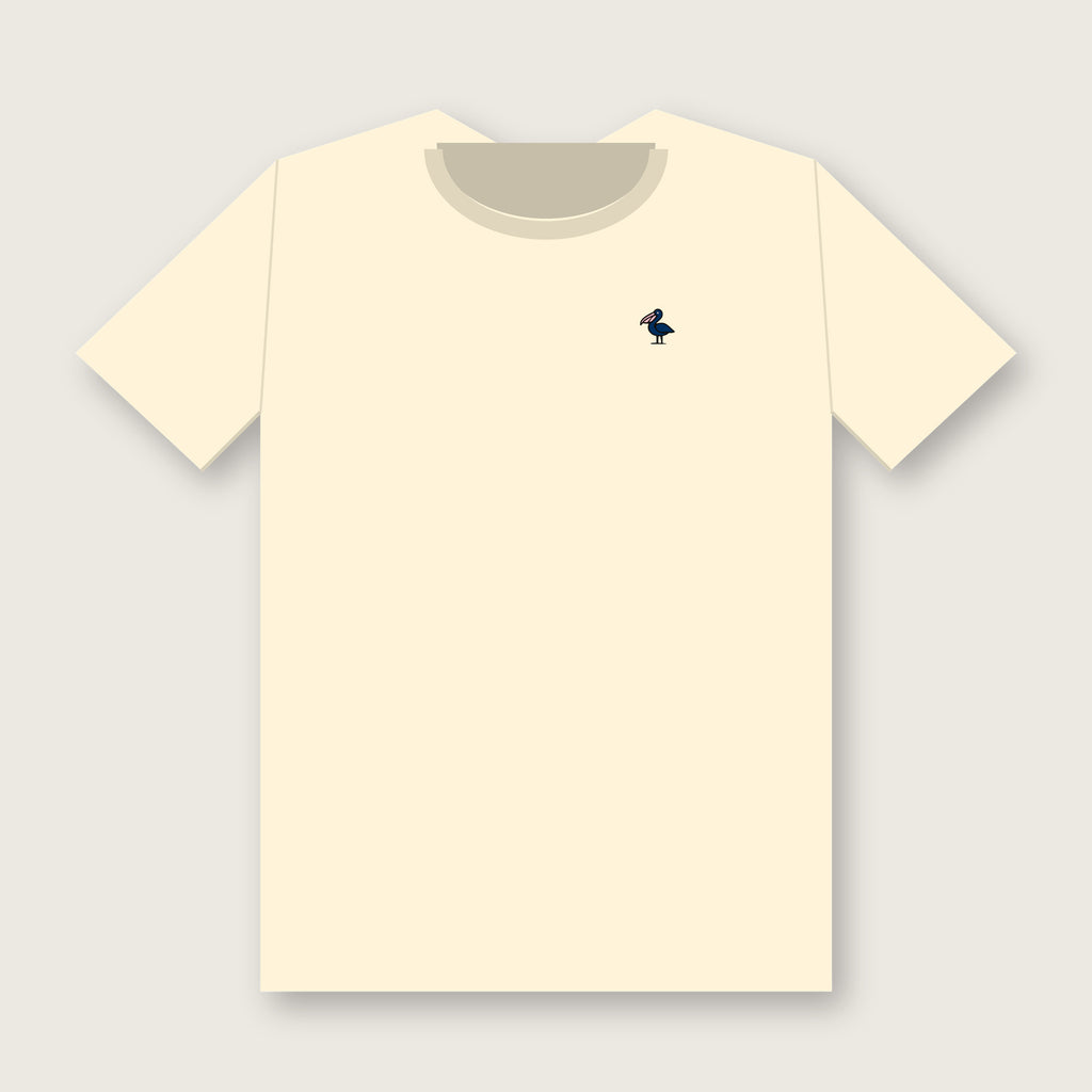 Front of the ivory Spartina Window Tee with a small navy pelican with a pink bill on the left chest