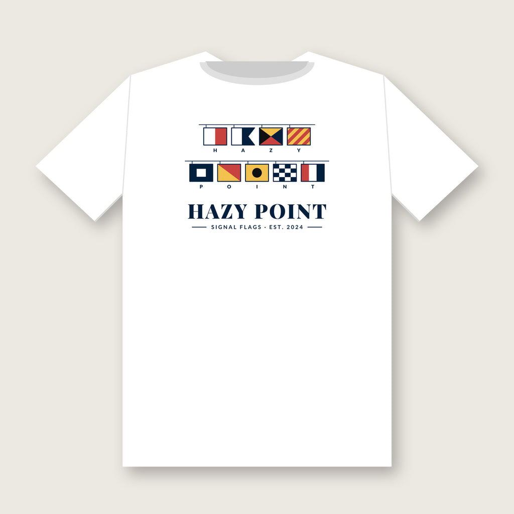Back of the white Hazy Point Signal Flags Tee: nine International Code of Signals flags spelling H-A-Z-Y over P-O-I-N-T above the Hazy Point wordmark