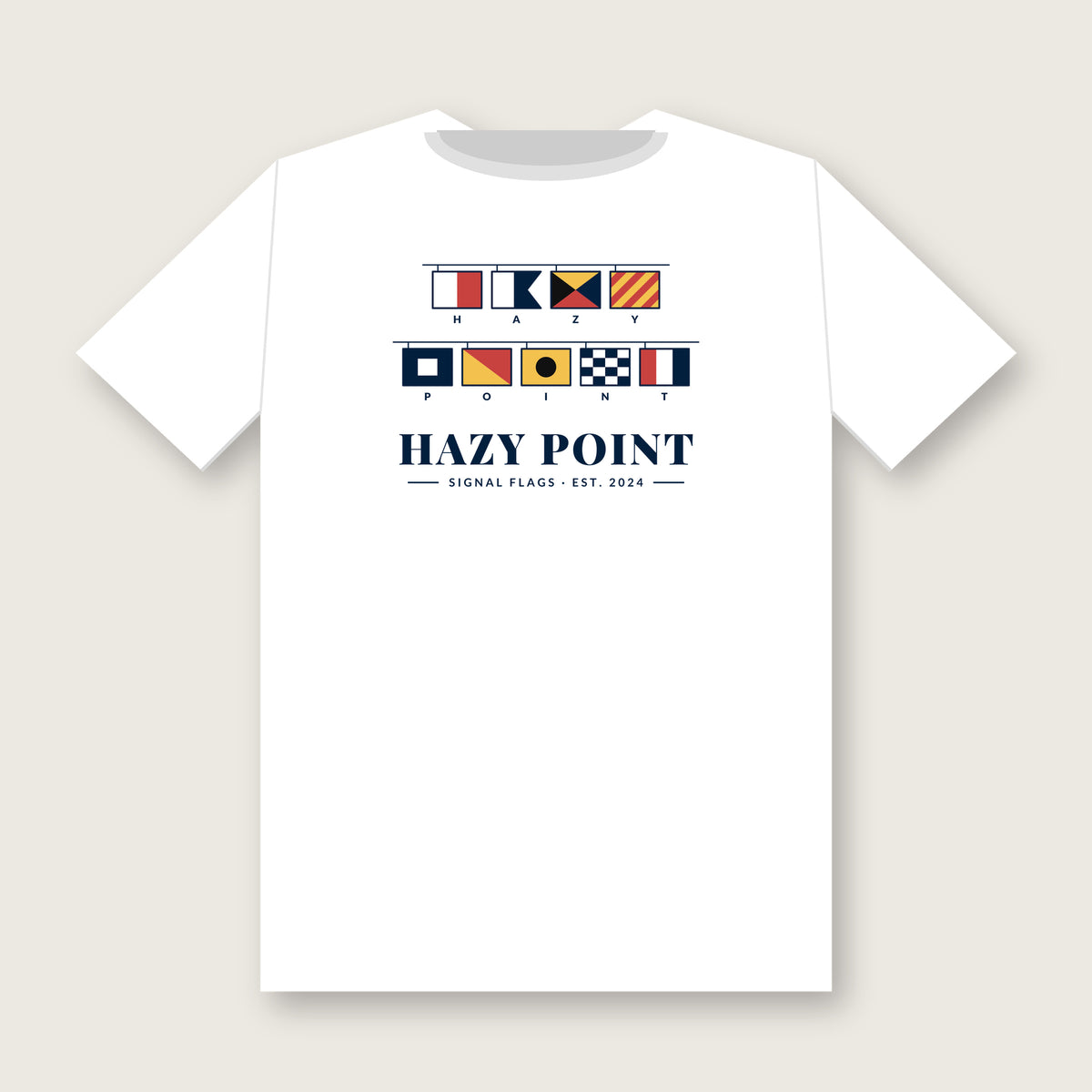Back of the white Hazy Point Signal Flags Tee: nine International Code of Signals flags spelling H-A-Z-Y over P-O-I-N-T above the Hazy Point wordmark