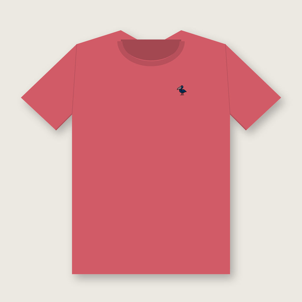 Front of the watermelon Oyster Club Tee with a small navy pelican with a pink bill on the left chest