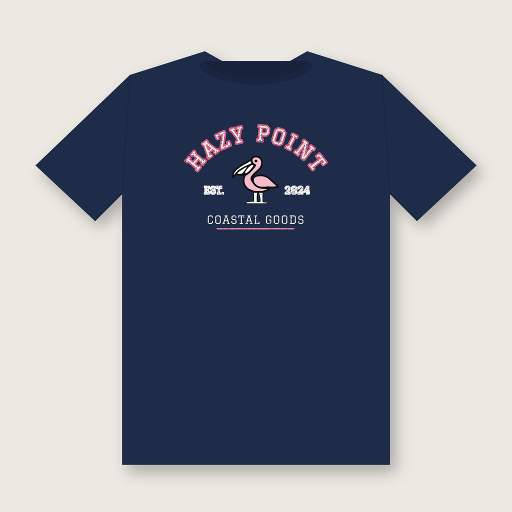 Back of the true navy Hazy Point Collegiate Arch Tee: varsity HAZY POINT lettering arched over a light-pink pelican, with EST. 2024 and Coastal Goods below in a softly worn print