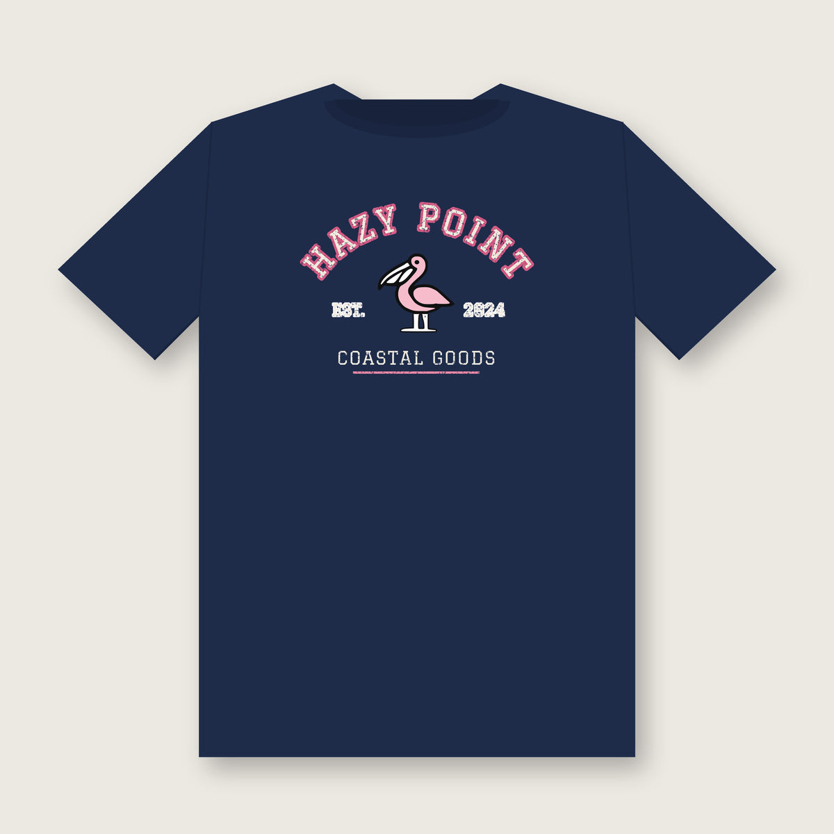 Back of the true navy Hazy Point Collegiate Arch Tee: varsity HAZY POINT lettering arched over a light-pink pelican, with EST. 2024 and Coastal Goods below in a softly worn print