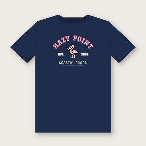 Back of the true navy Hazy Point Collegiate Arch Tee: varsity HAZY POINT lettering arched over a light-pink pelican, with EST. 2024 and Coastal Goods below in a softly worn print