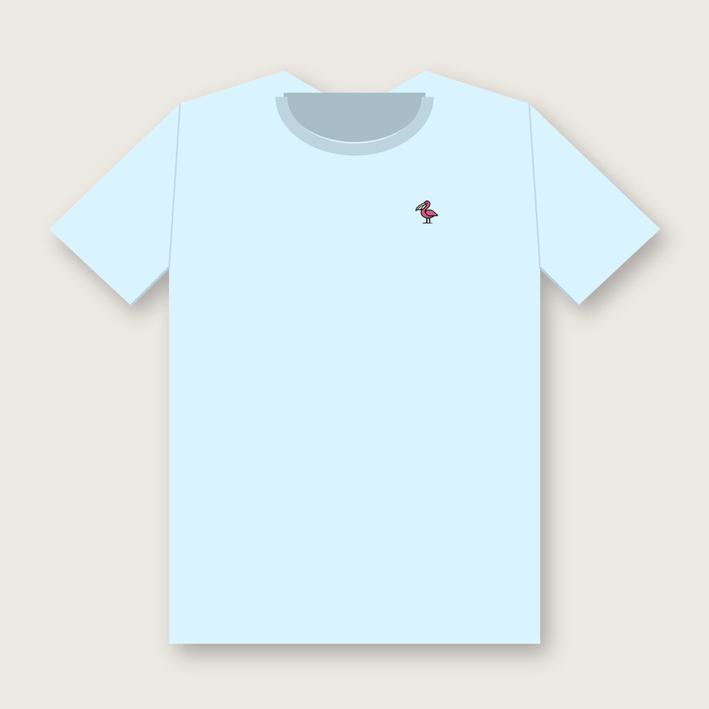 Front of the chambray Dock Sunset Tee with a small deep-pink pelican with a white bill on the left chest