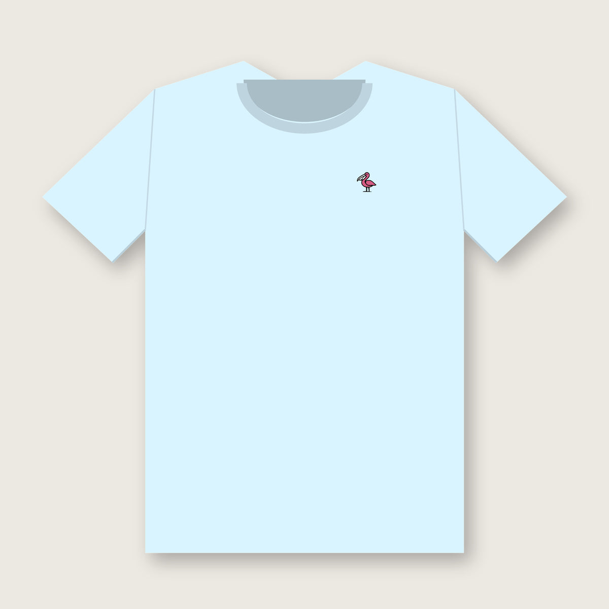 Front of the chambray Dock Sunset Tee with a small deep-pink pelican with a white bill on the left chest