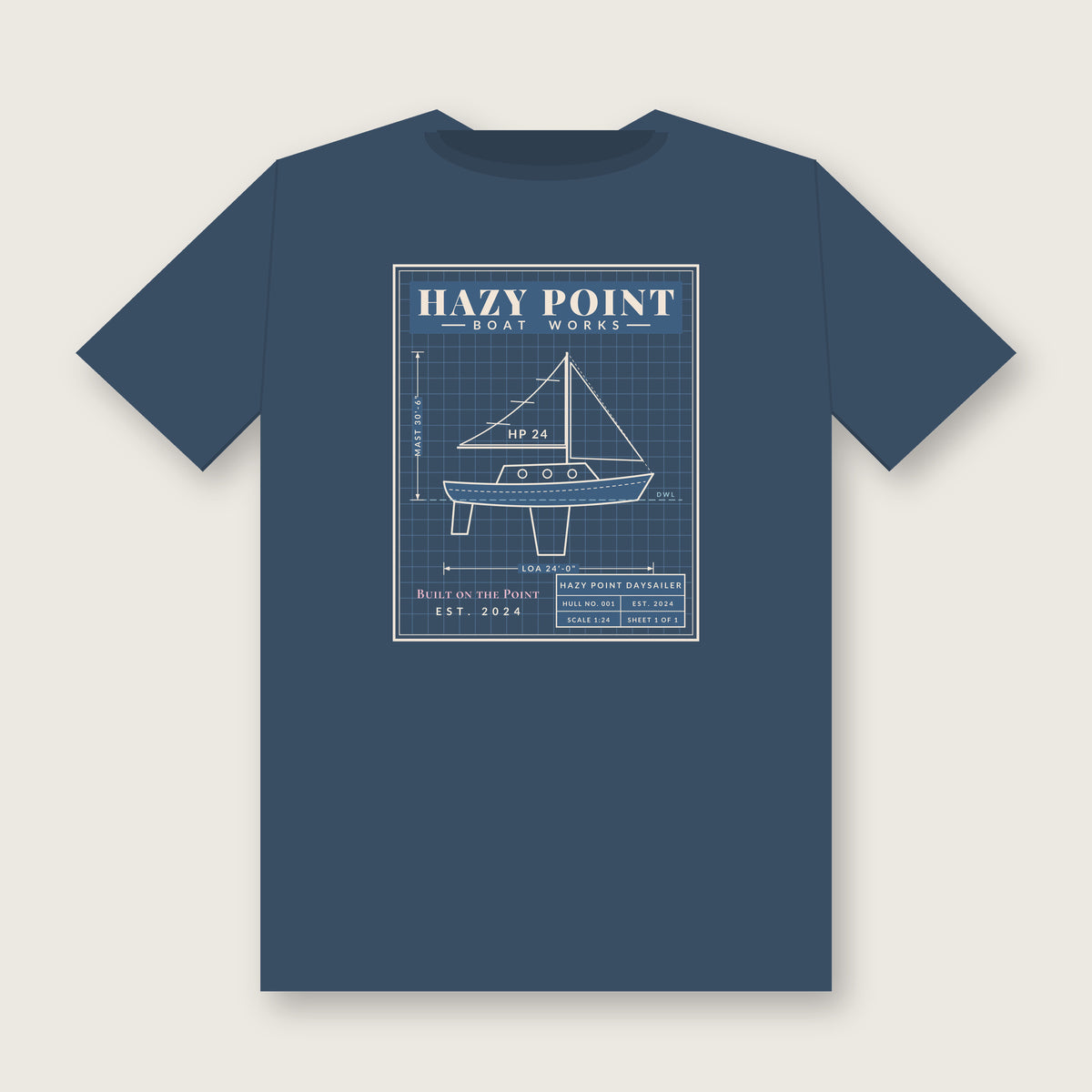Boat Works Tee, Midnight, back print flat (collection grid)