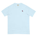Front of the chambray Dock Sunset Tee with a small deep-pink pelican with a white bill on the left chest