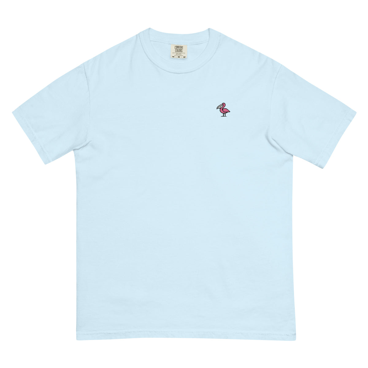 Front of the chambray Dock Sunset Tee with a small deep-pink pelican with a white bill on the left chest