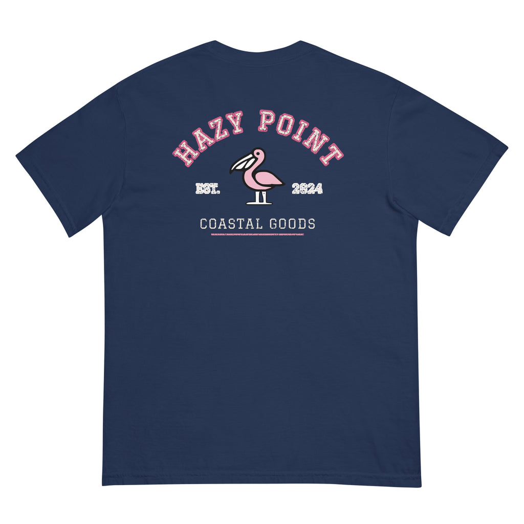 Back of the true navy Hazy Point Collegiate Arch Tee: varsity HAZY POINT lettering arched over a light-pink pelican, with EST. 2024 and Coastal Goods below in a softly worn print