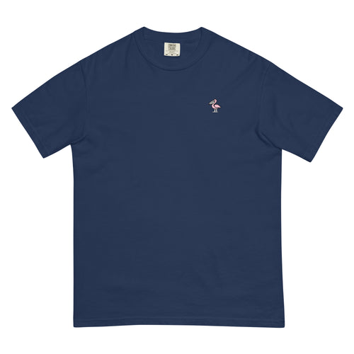 Front of the navy Collegiate Arch Tee with a small light-pink pelican with a white bill on the left chest