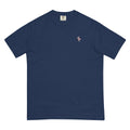 Front of the navy Pelican Charters Tee with a small light-pink pelican with a white bill on the left chest