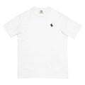 Front of the white Signal Flags Tee with a small navy pelican with a pink bill on the left chest