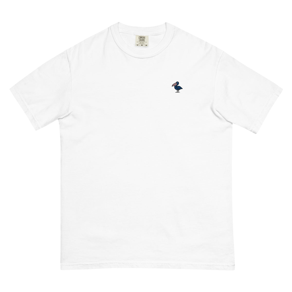Front of the white Signal Flags Tee with a small navy pelican with a pink bill on the left chest